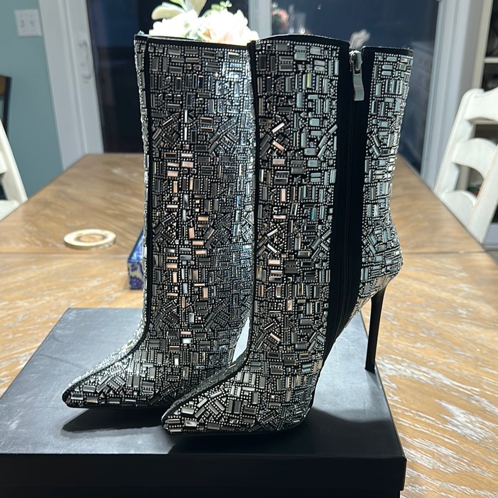 AKIRA Black and Silver Geometric Heeled Boots